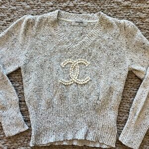 CHANEL Women's Cream V-Neck Sweater